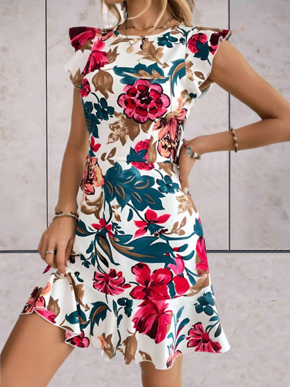 Ramona - stijlvolle gebloemde jurk met korte mouwen en ruches aan de mouwen en onderkant