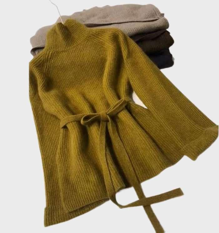 Donna | Elegante gebreide trui met ceintuur, klokmouwen en col