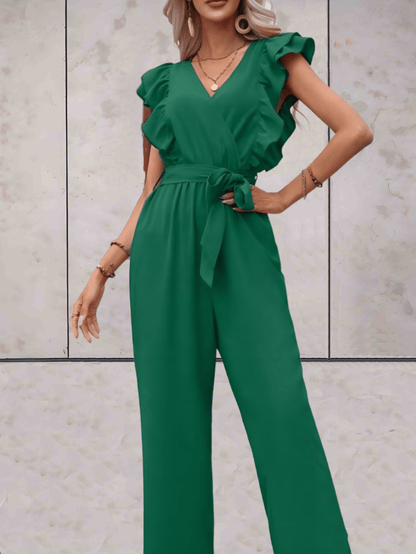 Blair | Mooi passende jumpsuit met korte mouwen met ruches, lage v-uitsnijding en ontwerp met riemstrik