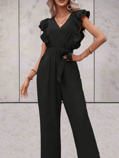 Blair | Mooi passende jumpsuit met korte mouwen met ruches, lage v-uitsnijding en ontwerp met riemstrik