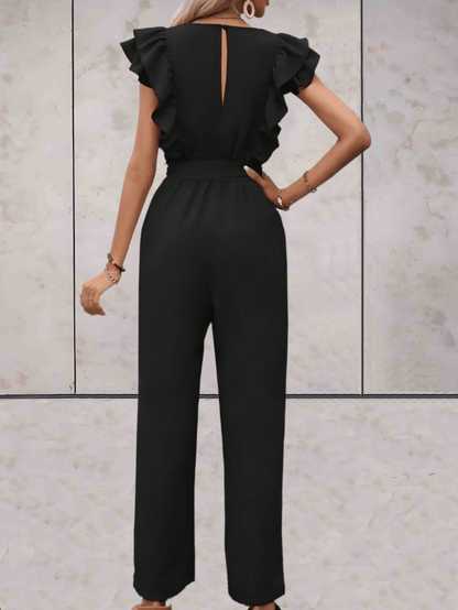 Blair | Mooi passende jumpsuit met korte mouwen met ruches, lage v-uitsnijding en ontwerp met riemstrik