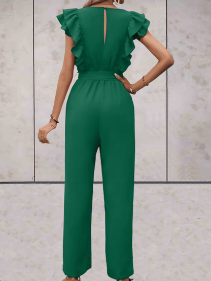 Blair | Mooi passende jumpsuit met korte mouwen met ruches, lage v-uitsnijding en ontwerp met riemstrik