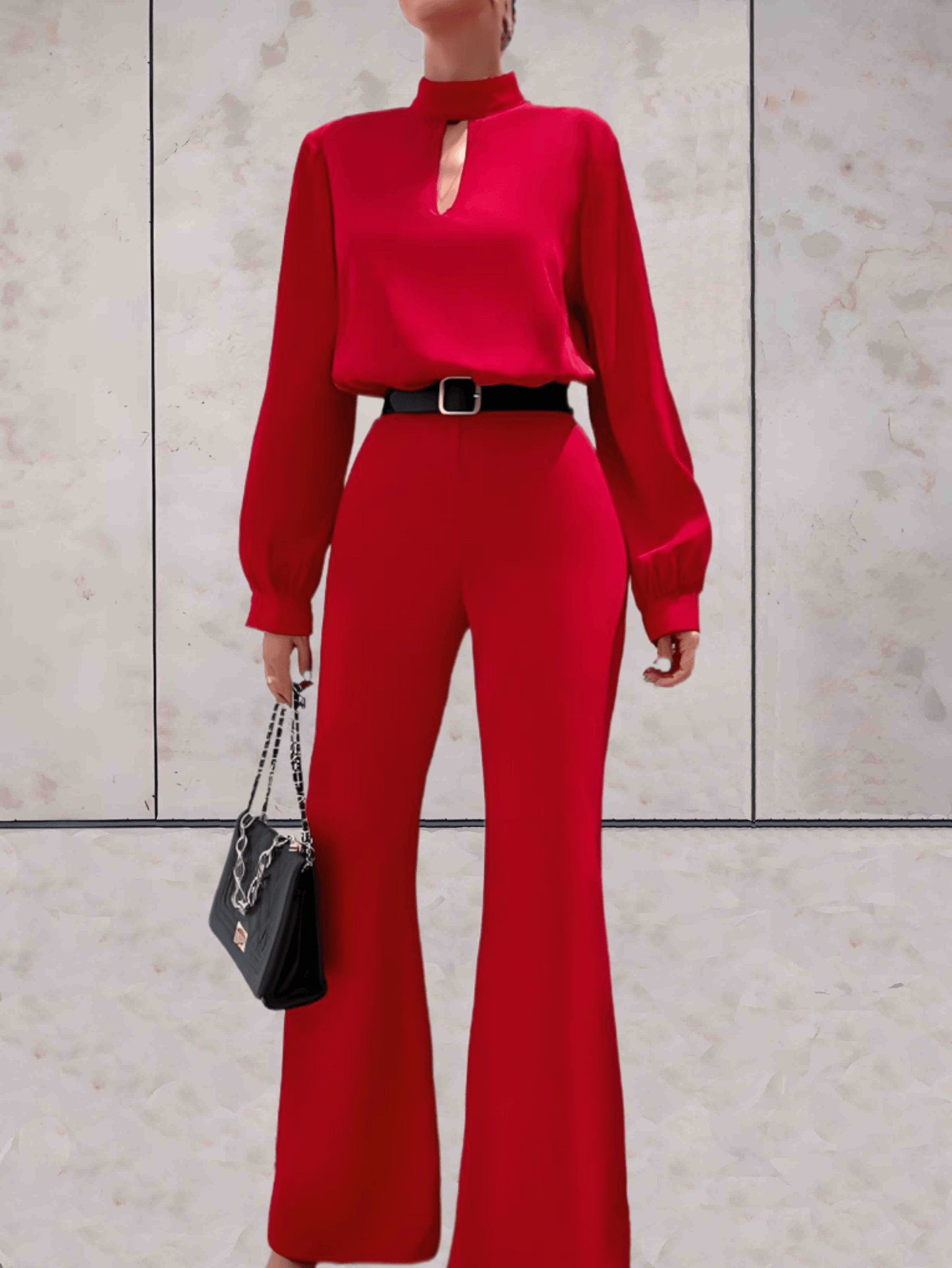 Blake |  Rode coltrui jumpsuit met lange wijde mouwen en wijde pijpen