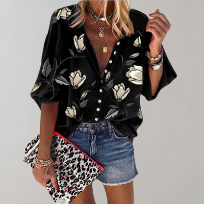 Rozen-zomerblouse | Casual damesblouse met bloemenpatroon en knopen