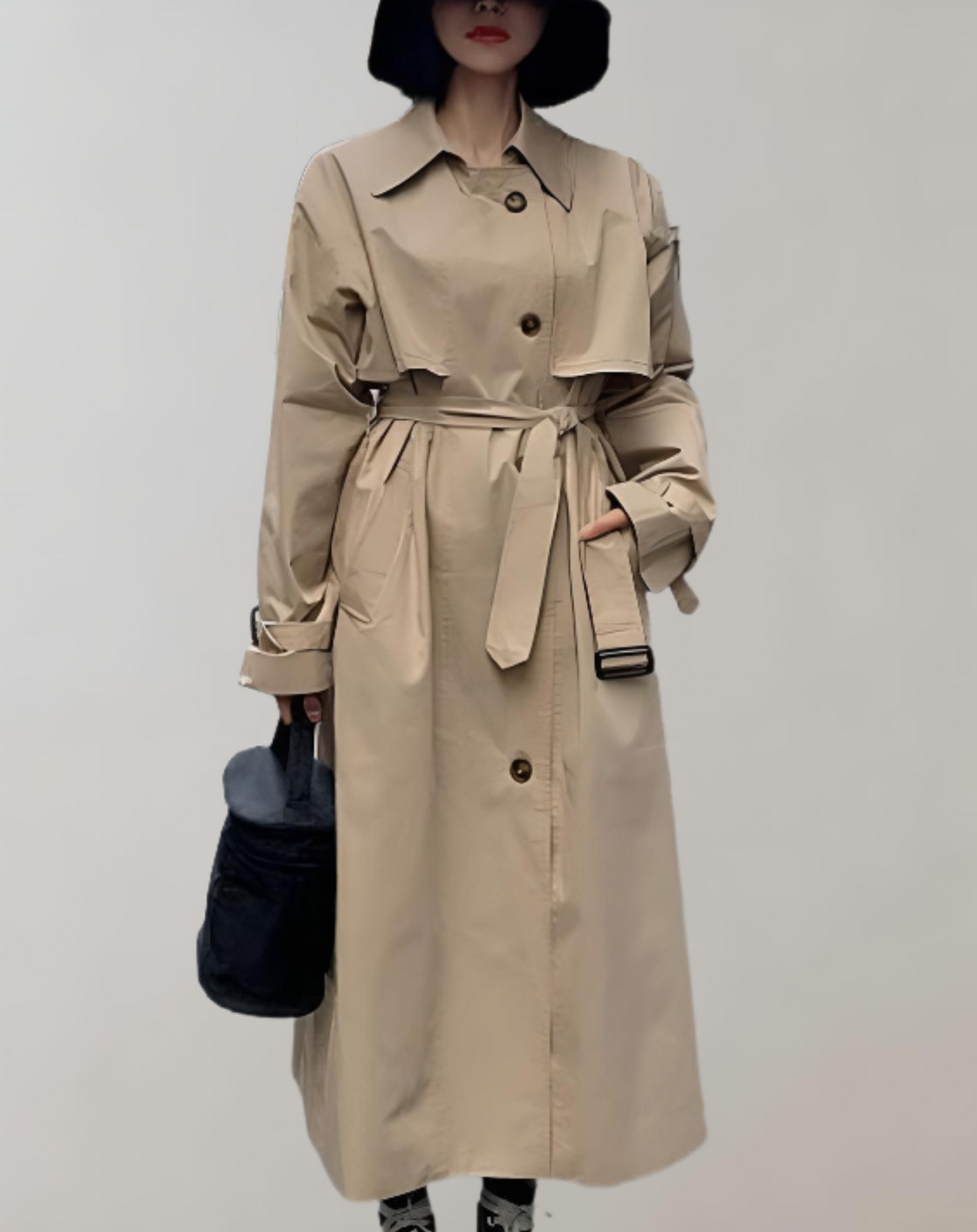 Calia | Lange trench coat met riem taille en knopen