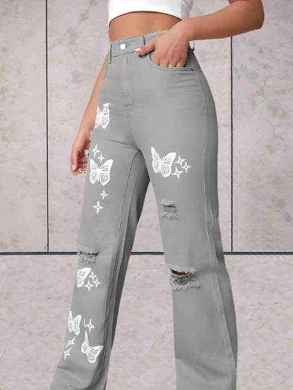 Ciara - Gescheurde jeans wijde pijpen met vlinders patroon
