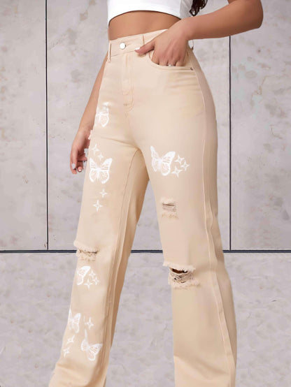 Ciara - Gescheurde jeans wijde pijpen met vlinders patroon