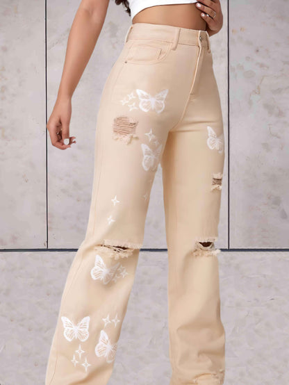 Ciara - Gescheurde jeans wijde pijpen met vlinders patroon