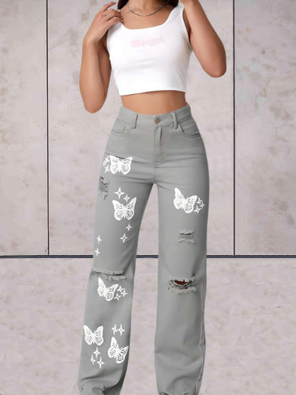 Ciara - Gescheurde jeans wijde pijpen met vlinders patroon