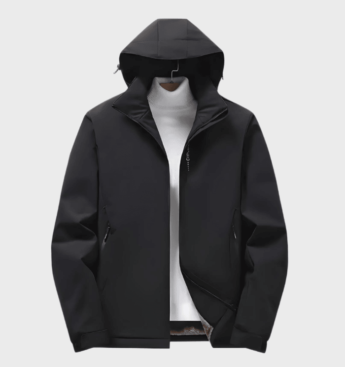 Steve -  Zwart herenjack met capuchon en ritssluiting en imitatiebont aan de binnenkant