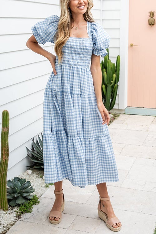 Rachel - Stijlvolle en Comfortabele Zomerjurk met Ruiten, Vierkante Hals en Pofmouwen voor Vrouwen