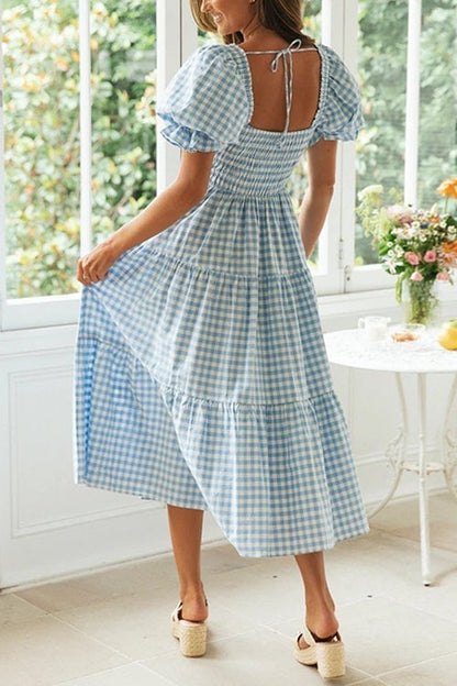 Rachel - Stijlvolle en Comfortabele Zomerjurk met Ruiten, Vierkante Hals en Pofmouwen voor Vrouwen