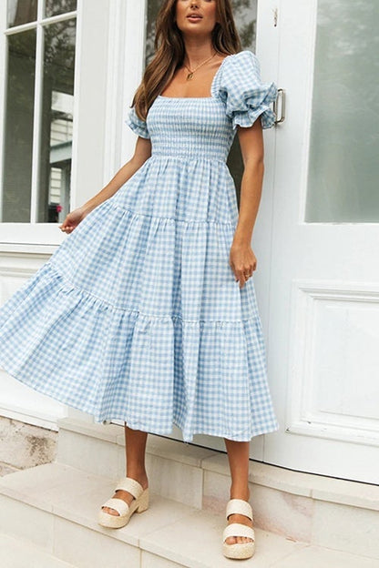Rachel - Stijlvolle en Comfortabele Zomerjurk met Ruiten, Vierkante Hals en Pofmouwen voor Vrouwen