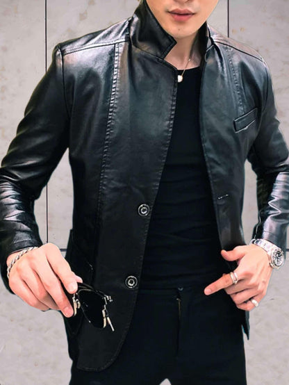 Dan - nonchalant slim-fit leren jack met zakken en knoopsluiting