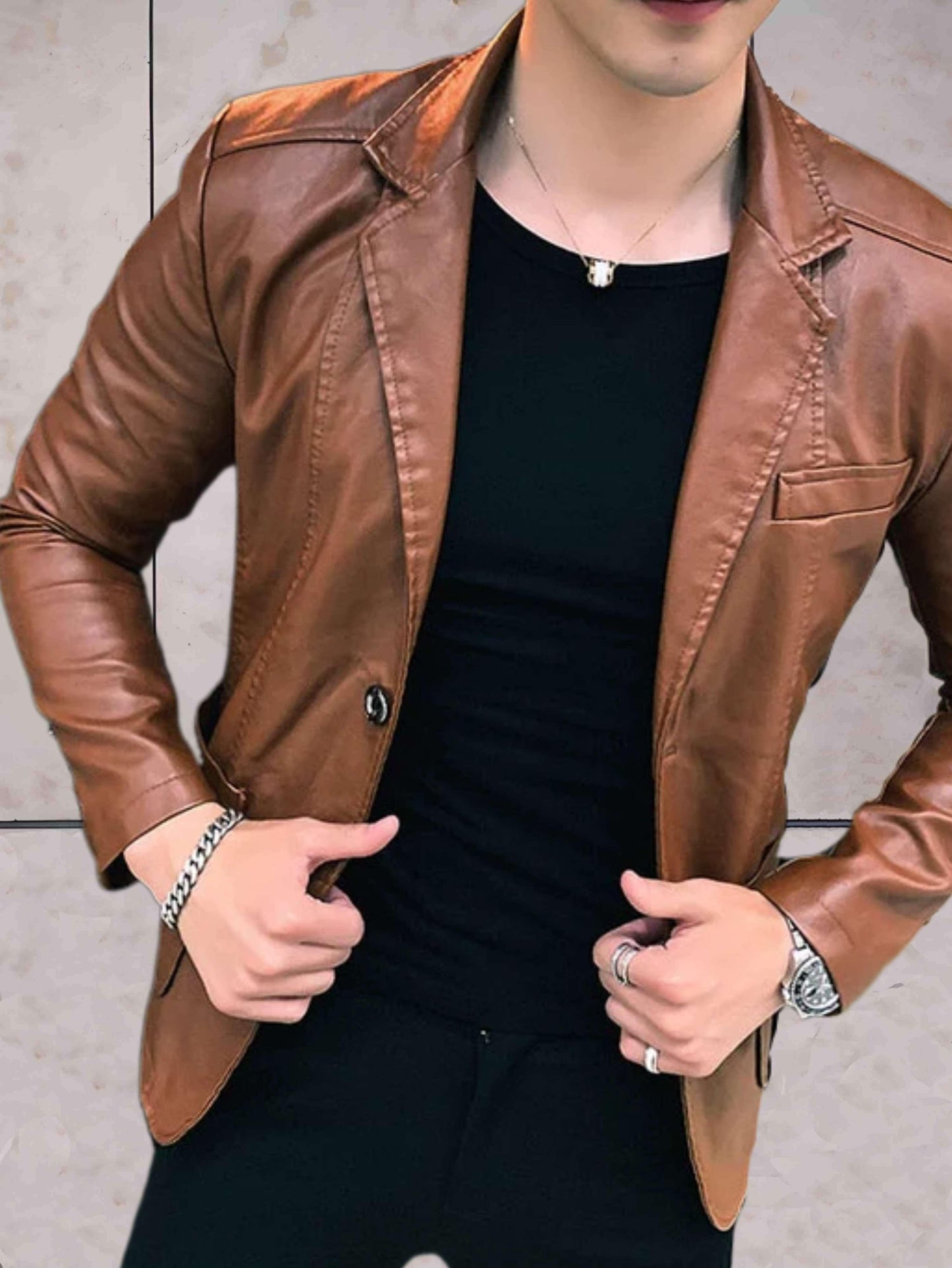 Dan - nonchalant slim-fit leren jack met zakken en knoopsluiting