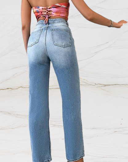Hoge taille jeans met wijde pijpen en knoop voor dames