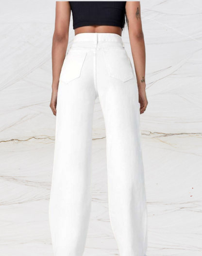 Hoge taille jeans met wijde pijpen en knoop voor dames