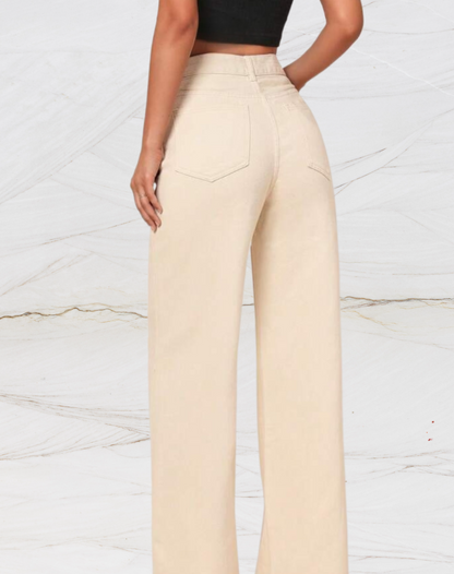 Hoge taille jeans met wijde pijpen en knoop voor dames