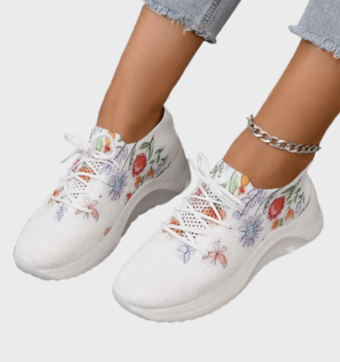 Demi - Stijlvolle witte sneakers met kleurrijke bloemenprint en veters