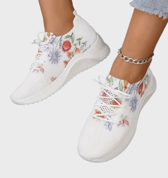 Demi - Stijlvolle witte sneakers met kleurrijke bloemenprint en veters