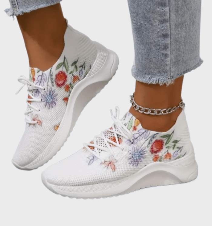 Demi - Stijlvolle witte sneakers met kleurrijke bloemenprint en veters