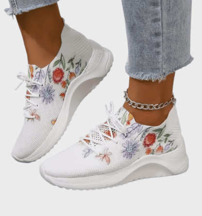 Demi - Stijlvolle witte sneakers met kleurrijke bloemenprint en veters