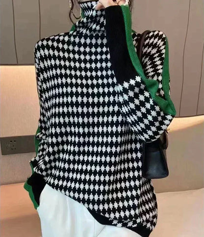 Caudalie Coltrui | Elegante zwart witte gebreide sweater met groen detail voor dames