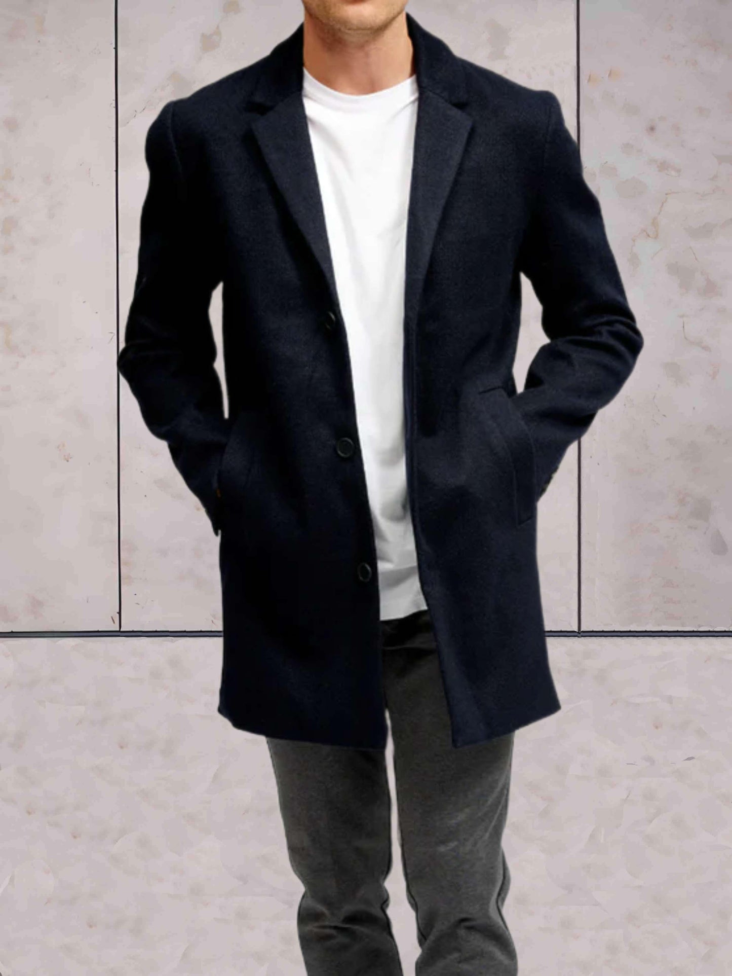 Ethan - warme wollen jas met ingekeepte kraag, zakken en knoopsluiting