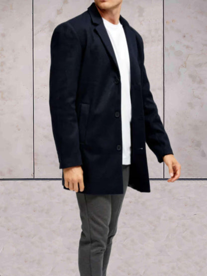 Ethan - warme wollen jas met ingekeepte kraag, zakken en knoopsluiting