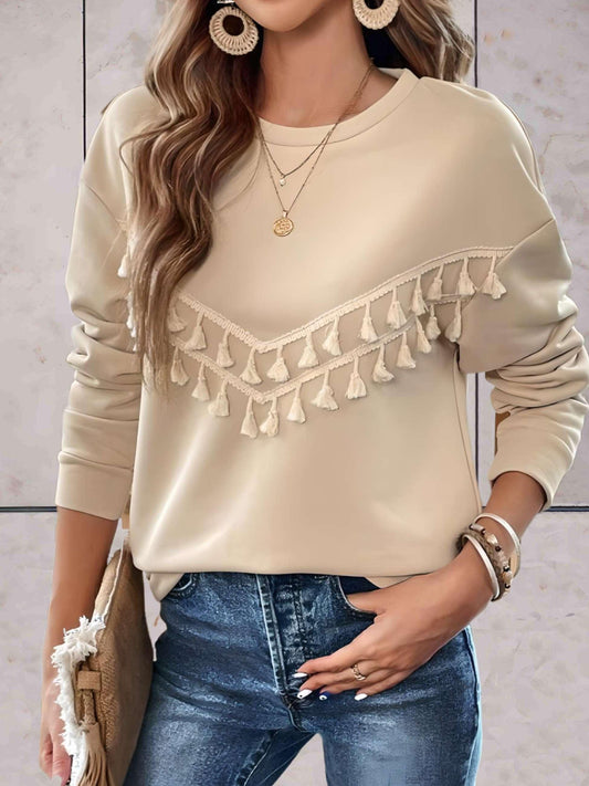 Farah - Beige sweater met kwastjes vooraan