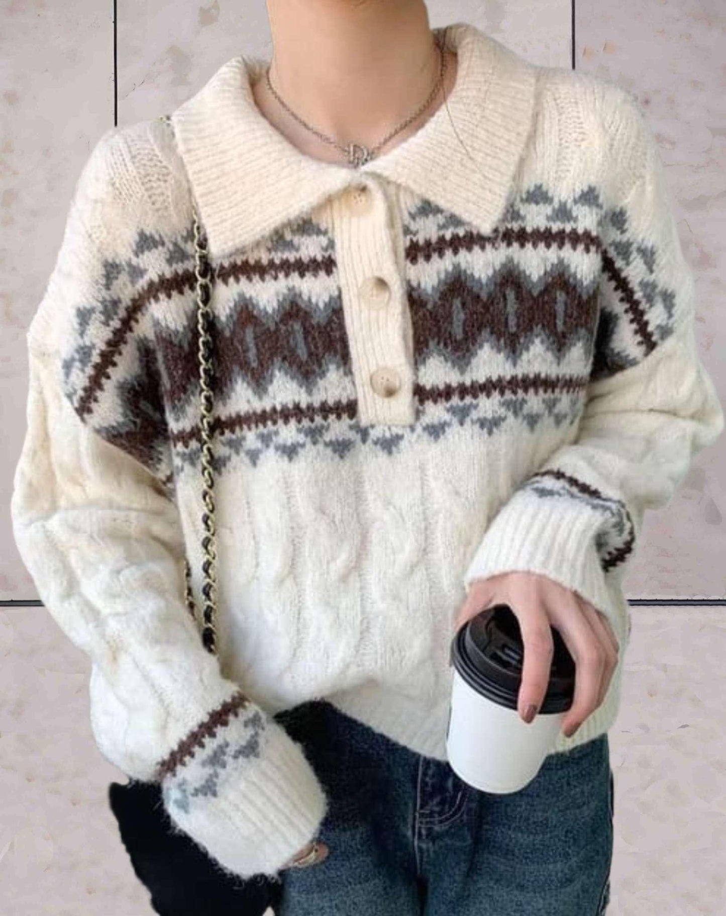 Gaile | Eenvoudige gebreide 3-kleurentrui met polokraag en halve knoopsluiting