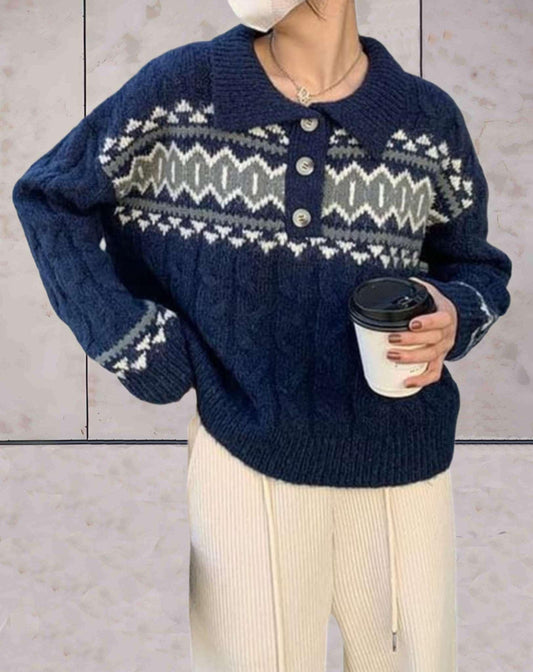 Gaile | Eenvoudige gebreide 3-kleurentrui met polokraag en halve knoopsluiting