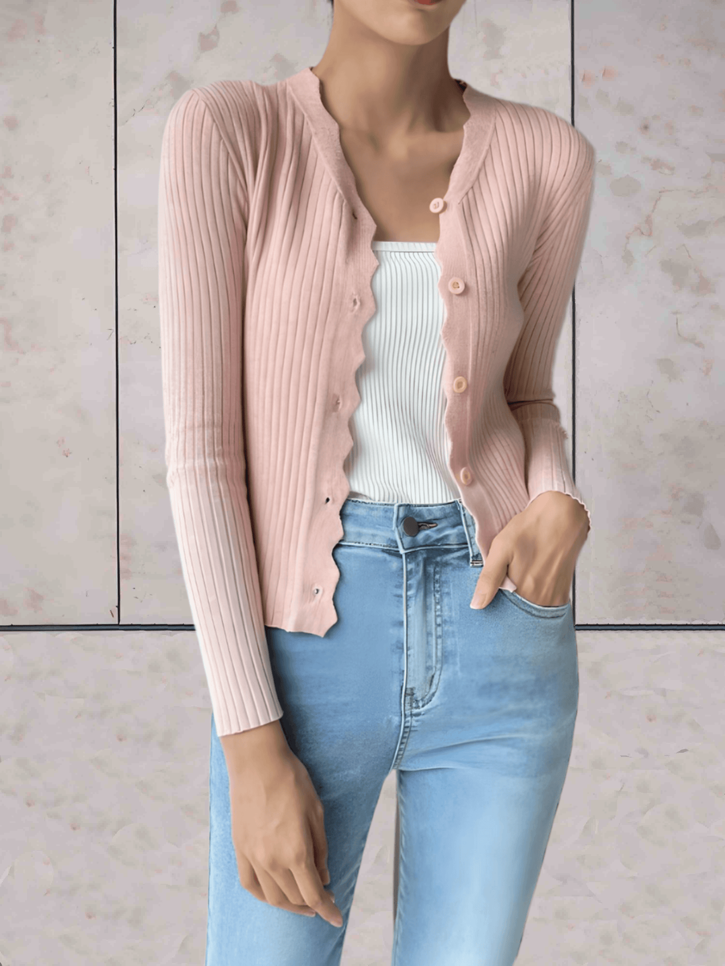 Gal - Slim-fit geribbelde designtrui met golvend design aan de knoopzijde, lage v-uitsnijding