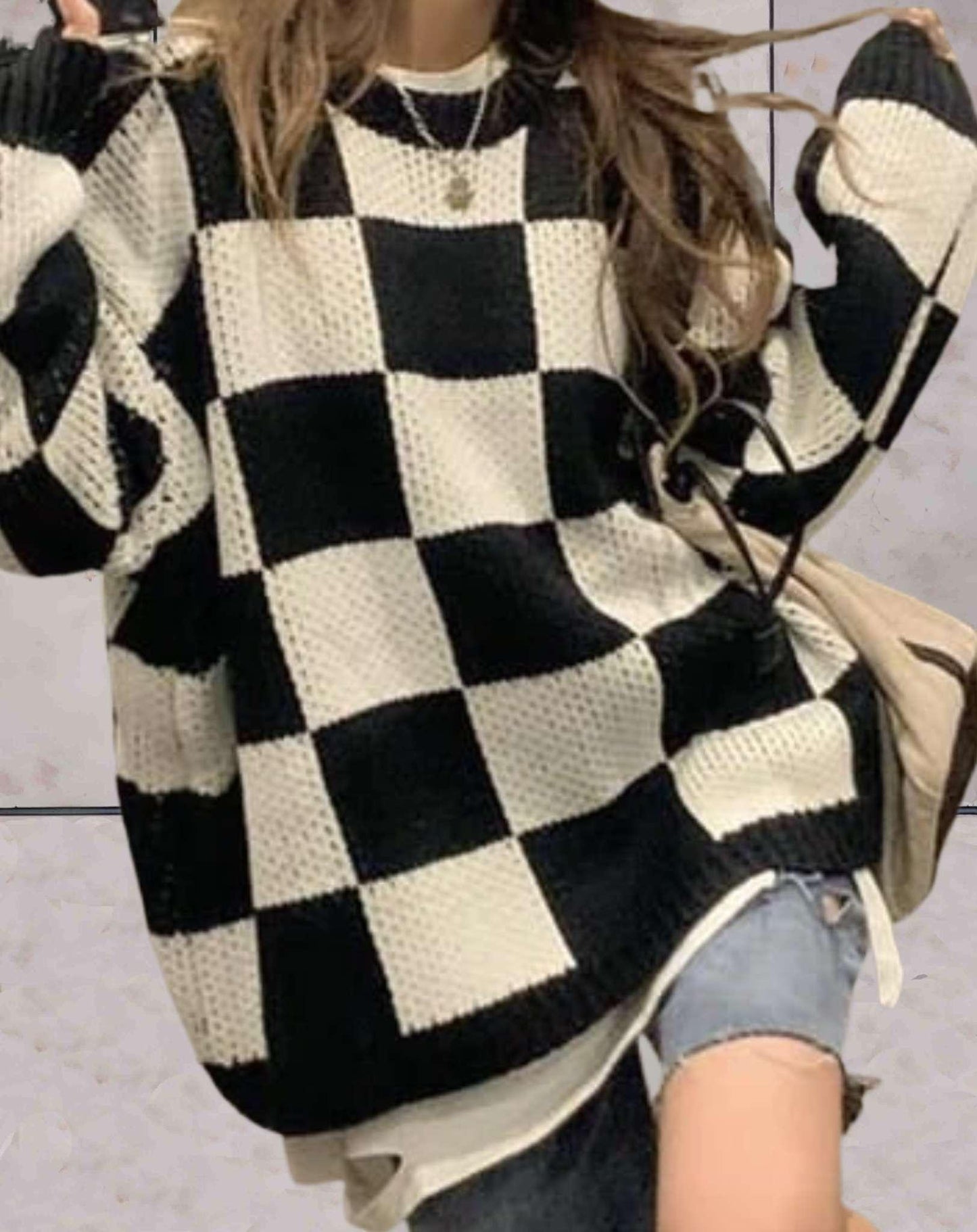 Hailey | Eenvoudig gebreide trui met ronde hals en vierkant patroon