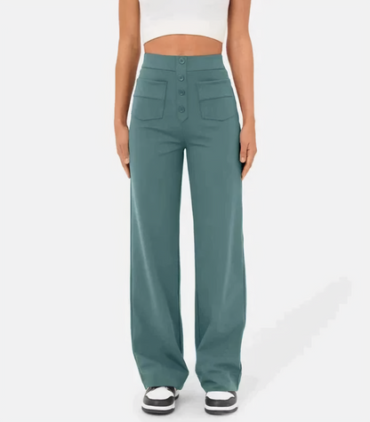 Hoge taille elastische broek met knopen voor dames