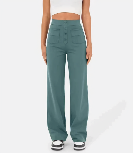 Hoge taille elastische broek met knopen voor dames