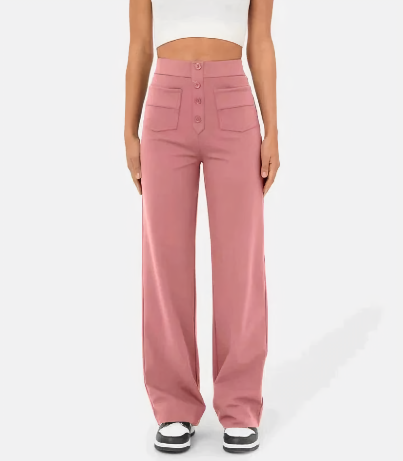 Hoge taille elastische broek met knopen voor dames