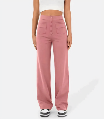 Hoge taille elastische broek met knopen voor dames