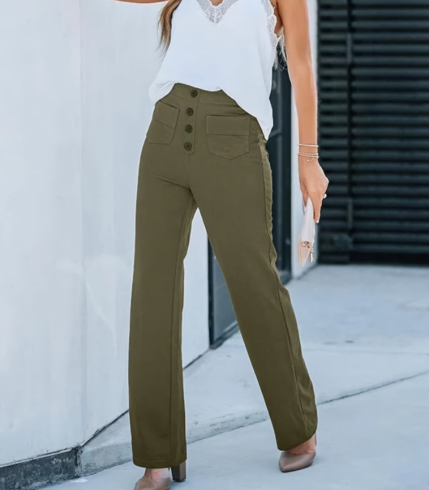 Hoge taille elastische broek met knopen voor dames