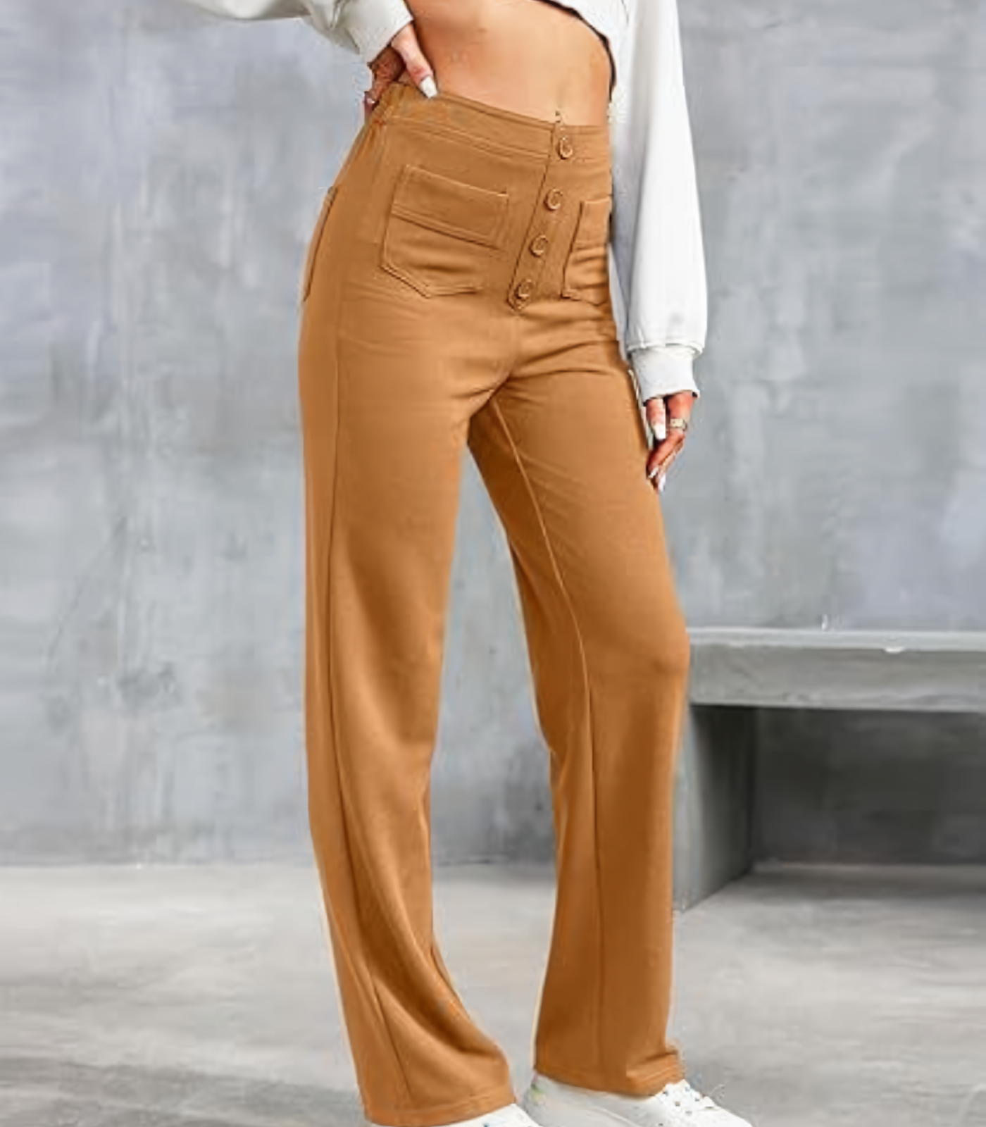 Hoge taille elastische broek met knopen voor dames