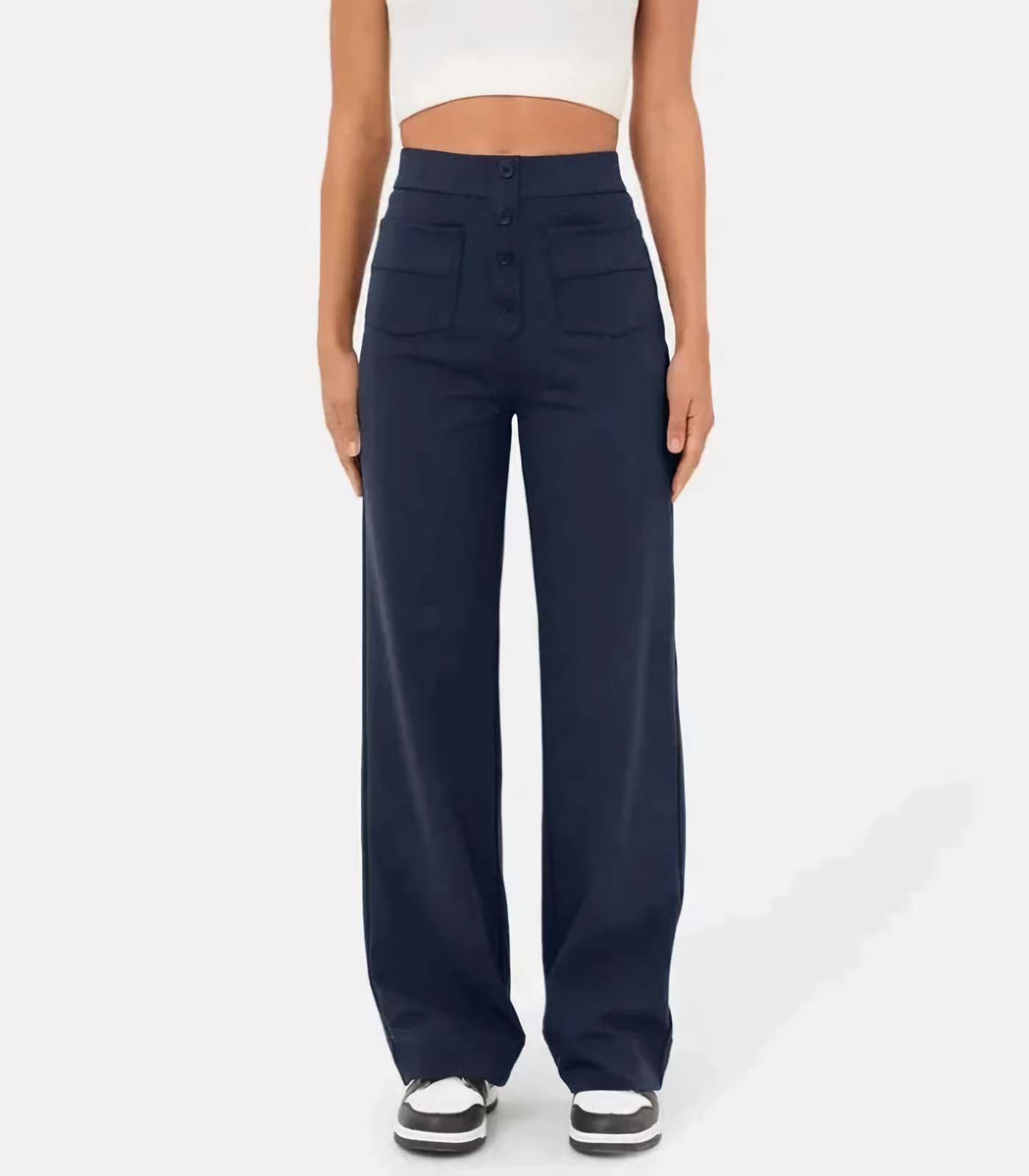 Hoge taille elastische broek met knopen voor dames