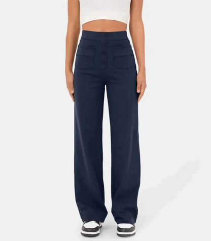 Hoge taille elastische broek met knopen voor dames