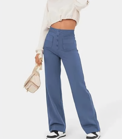 Hoge taille elastische broek met knopen voor dames