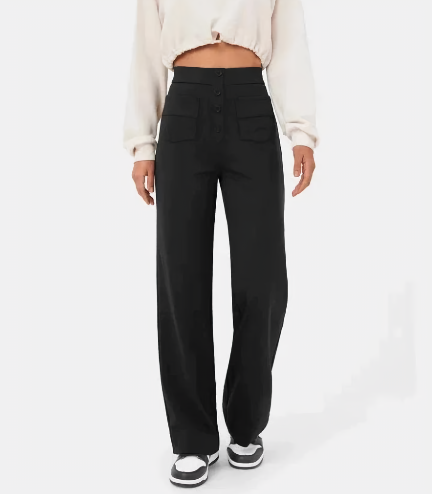 Hoge taille elastische broek met knopen voor dames