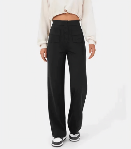 Hoge taille elastische broek met knopen voor dames