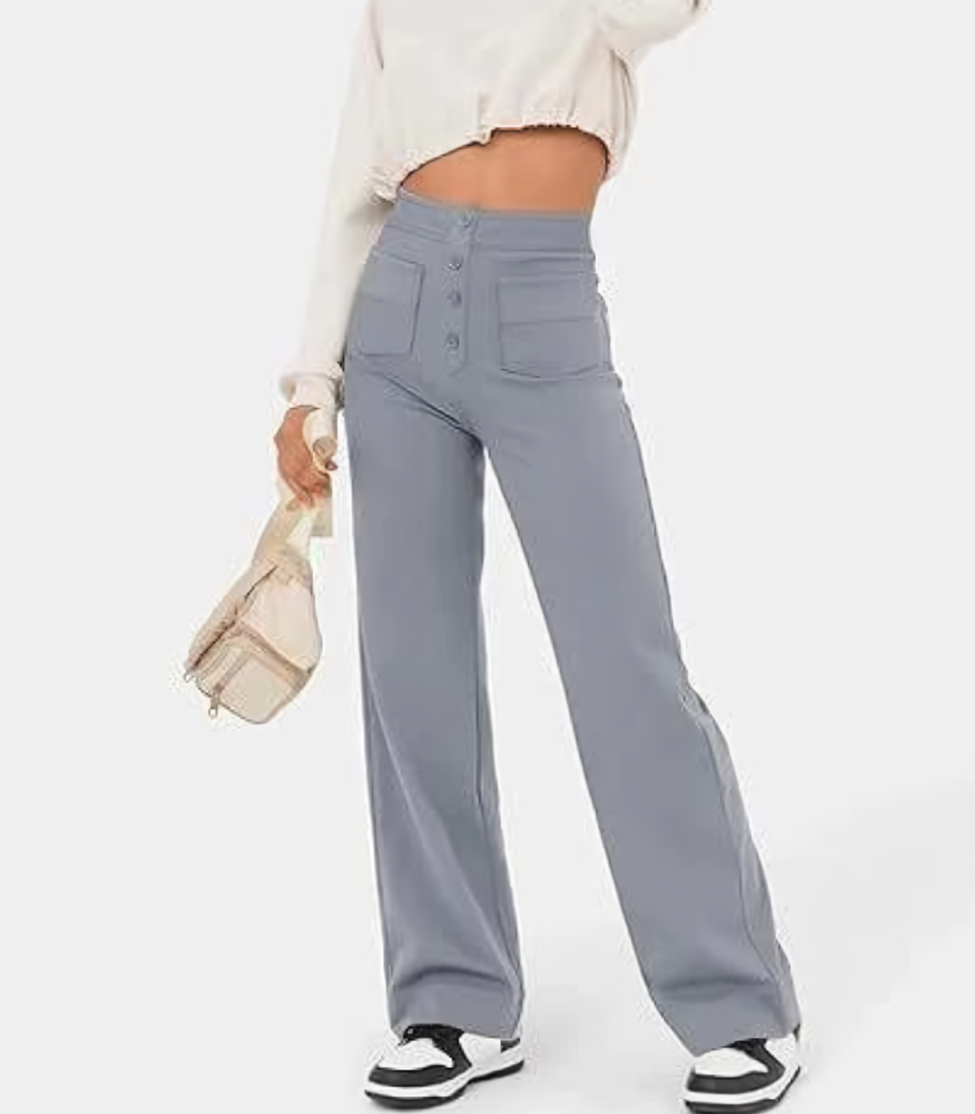 Hoge taille elastische broek met knopen voor dames