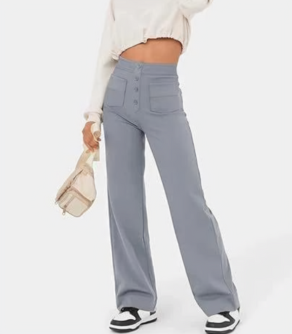 Hoge taille elastische broek met knopen voor dames
