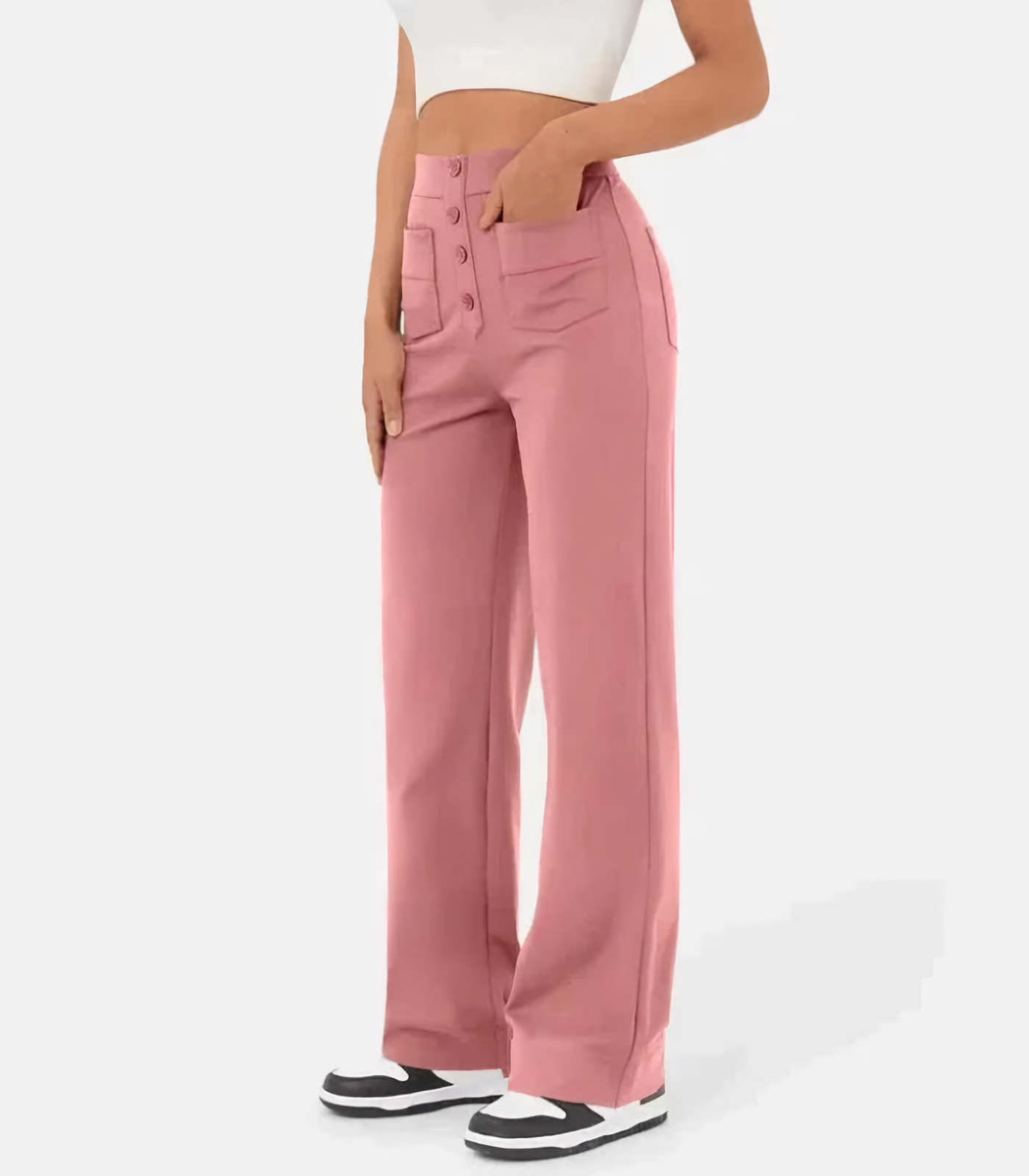 Hoge taille elastische broek met knopen voor dames