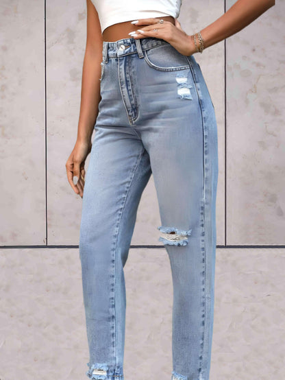 Jada - Enkellange gescheurde jeans met semi-vervaagd dessin