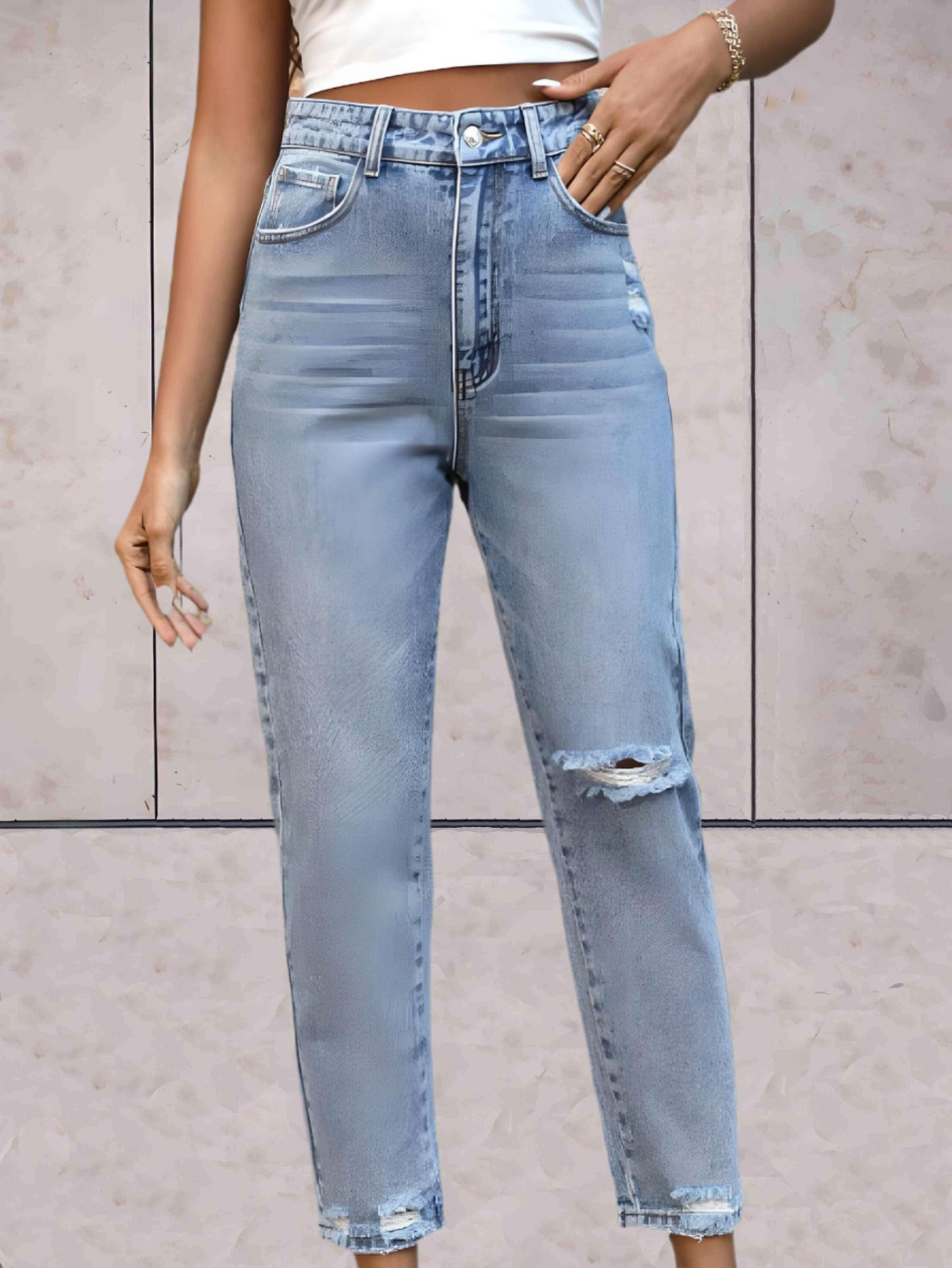 Jada - Enkellange gescheurde jeans met semi-vervaagd dessin